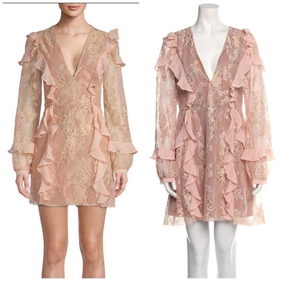 FOR LOVE & LEMONS Dress Bumble Pink Nude Ruffle Lace Mini Dress Size Large NEW - Picture 1 of 13